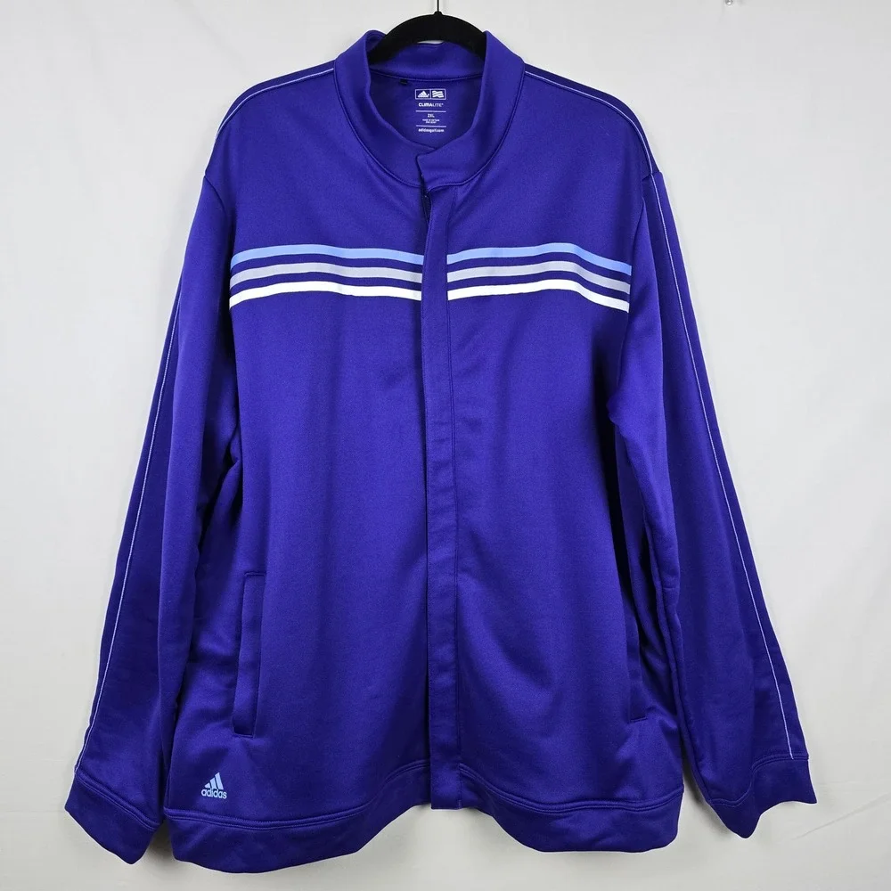Adidas Golf Climalite Mens 2XL Purple Striped Full Zip‎ Pullover Jacket NG Logo
